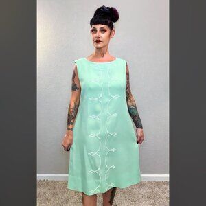 60s Mint Green & White Atomic Embroidered Dress Mod MCM Spring Summer Resort M L
